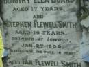 
Dorothy Ella BOARD
aged 17
Stephen Flewell SMITH
aged 16
drowned at Lowood 2 Jan 1909

Ian Flewell SMITH
28 Nov 1905, aged 14 months
Lowood General Cemetery

