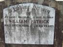 
(husband) William PATRICK
11 Oct 1950, aged 62
Agnes Wallace PATRICK
8 Feb 1965, aged 78
Lowood General Cemetery

