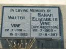 
Walter VINE
b: 22 Jul 1901, d: 15 Mar 1993
Sarah Elizabeth VINE (nee ANDERSON)
b: 22 Jul 1908. d: 17 Aug 1997
Lowood General Cemetery

