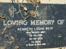 
Kenneth Logan WEIR
b: 2 Sep 1929, d: 20 Sep 2003, aged 74
Lowood General Cemetery

