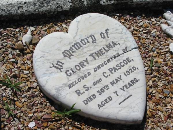 James Thomas (PASCOE)  | (husband of Mary Ann PASCOE)  | of Bendigo, Victoria  | d: 2 Jun 1921, aged 65 years  | (son) Alfred Percy (PASCOE)  | killed in action 29 Jul 1916, aged 21  | Mary Ann PASCOE  | 3 Jun 1929, aged 67  |   | Glory Thelma (PASCOE)  | daughter of R S and C PASCOE  | 30 May 1920, aged 7  |   | Lowood General Cemetery  |   | 