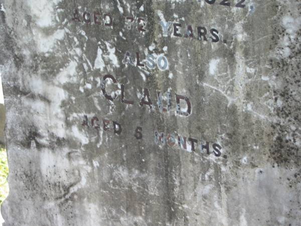 Johanne JENSEN  | 15 Sep 1902, aged 43  | (husband) H JENSEN  | 20 Apr 1922, aged 72  | Claud  | aged 5 months  | Lowood General Cemetery  |   | 