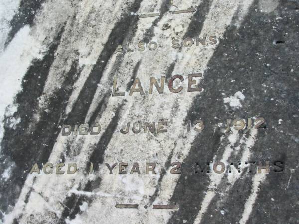 Mary LINDEMANN  | 13 May 1911, aged 40  | (sons)  | Lance (LINDEMANN)  | 13 Jun 1912, aged 1 year 2 months  | Walter (LINDEMANN)  | died of wounds in France  | 12 Aug 1918, aged 18 years 11 months  | Lowood General Cemetery  |   | 