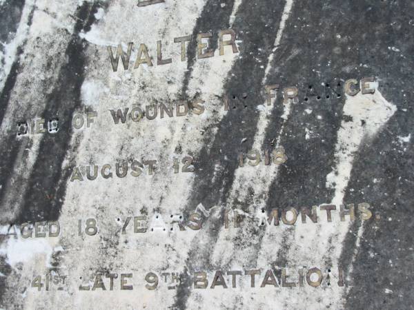 Mary LINDEMANN  | 13 May 1911, aged 40  | (sons)  | Lance (LINDEMANN)  | 13 Jun 1912, aged 1 year 2 months  | Walter (LINDEMANN)  | died of wounds in France  | 12 Aug 1918, aged 18 years 11 months  | Lowood General Cemetery  |   | 
