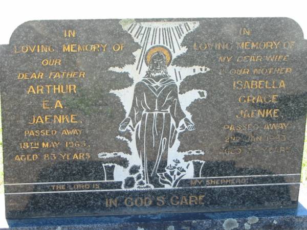 Arthur E A JAENKE  | 18 May 1965, aged 83  | Isabella Grace JAENKE  | 2 Jan 1983, aged 73  | Lowood General Cemetery  |   | 