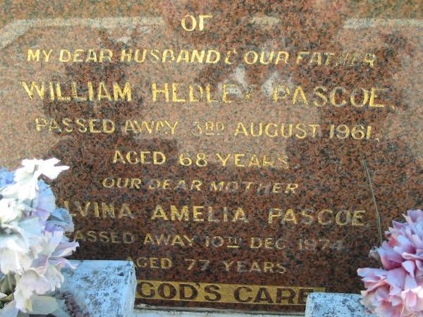 William Hedley PASCOE  | 3 Aug 1961, aged 68  | Alvina Amelia PASCOE  | 10 Dec 1974, aged 77  | Lowood General Cemetery  |   | 