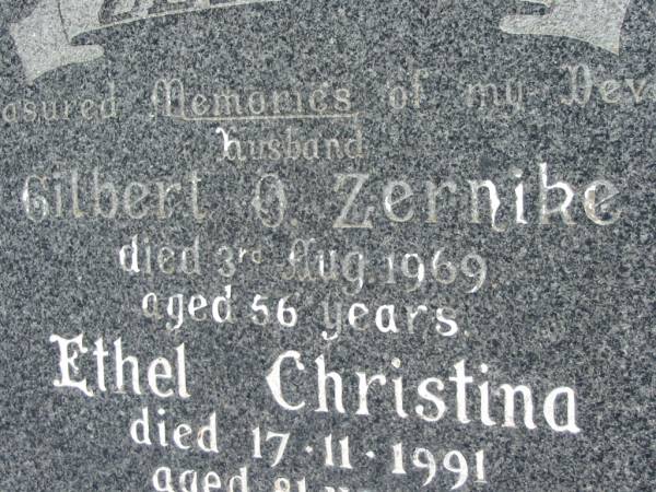 Gilbert O ZERNIKE  | 3 Aug 1969, aged 56  | Ethel Christina ZERNIKE  | 17 Nov 1991, aged 81  | Lowood General Cemetery  |   | 