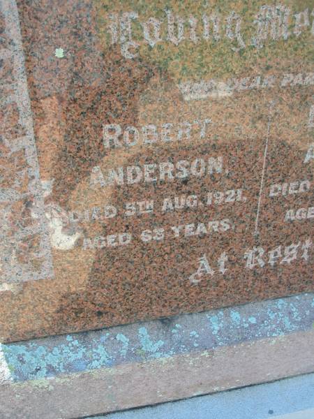 Robert ANDERSON  | 5 Aug 1921, aged 63  | Elizabeth ANDERSON  | 14 Jun 1949, aged 86  | Lowood General Cemetery  |   | 