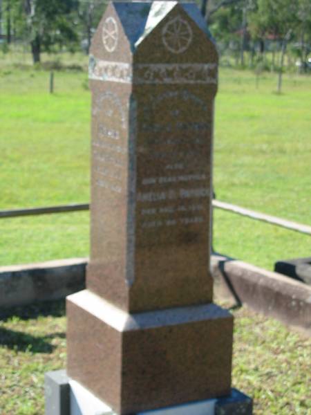 Thomas PATRICK  | 3 Apr 1918, aged 70  | Amelia C PATRICK  | 14 Aug 1951, aged 84  | (daughter) Chrissie  | 23 Oct 1913, aged 9  | Lowood General Cemetery  |   | 