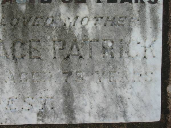 (husband) William PATRICK  | 11 Oct 1950, aged 62  | Agnes Wallace PATRICK  | 8 Feb 1965, aged 78  | Lowood General Cemetery  |   | 