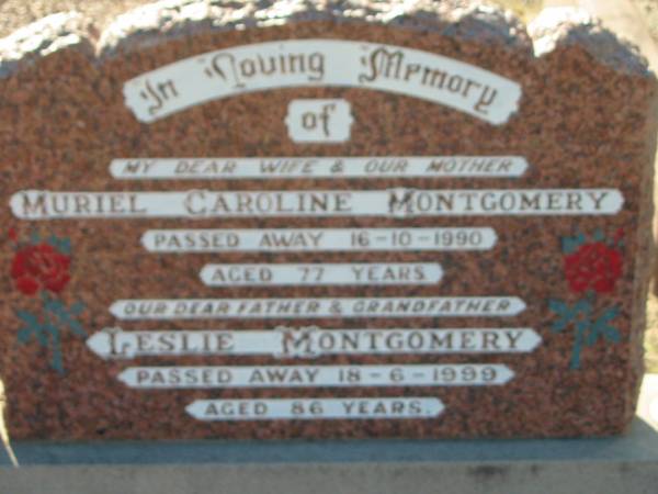 Muriel Caroline MONTGOMERY (wife)  | 16 Oct 1990, aged 77  | Leslie MONTGOMERY  | 18 Jun 1999, aged 86  | Lowood General Cemetery  |   | 