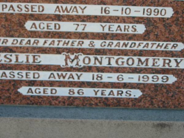 Muriel Caroline MONTGOMERY (wife)  | 16 Oct 1990, aged 77  | Leslie MONTGOMERY  | 18 Jun 1999, aged 86  | Lowood General Cemetery  |   | 