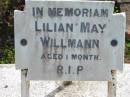 Lilian May WILLMANN aged 1 month;
Lowood Trinity Lutheran Cemetery (Bethel Section), Esk Shire