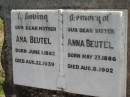 Ana BEUTEL, born 1 June 1862 died 22 Aug 1939, mother;
Anna BEUTEL, born 27 May 1886 died 8 Aug 1902, sister;
Lowood Trinity Lutheran Cemetery (Bethel Section), Esk Shire