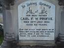 Carl F.W. PROFKE, died 19 July 1936 aged 62 years, father;
Lowood Trinity Lutheran Cemetery (Bethel Section), Esk Shire