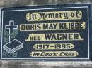 Doris May KLIBBE nee WAGNER, 1917-1995;
Lowood Trinity Lutheran Cemetery (Bethel Section), Esk Shire