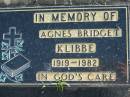 Agnes Bridget KLIBBE, 1919-1982;
Lowood Trinity Lutheran Cemetery (Bethel Section), Esk Shire