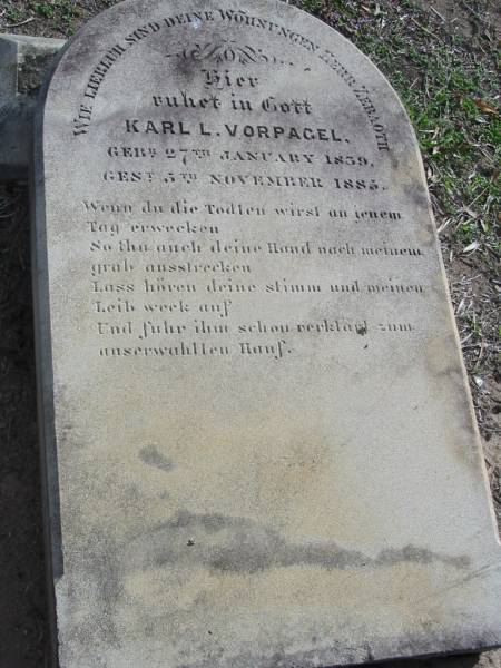 Karl L. VORPAGEL, born 27 Jan 1839, died 5 Nov 1885;  | Lowood Trinity Lutheran Cemetery (Bethel Section), Esk Shire  | 
