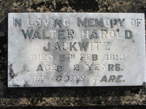 Walter Harold JACKWITZ, died 5 Feb 1913 aged 2 years;  | Lowood Trinity Lutheran Cemetery (Bethel Section), Esk Shire  | 