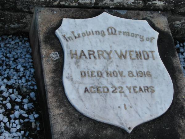 Harry WENDT, died 8 Nov 1916 aged 22 years;  | Lowood Trinity Lutheran Cemetery (Bethel Section), Esk Shire  | 