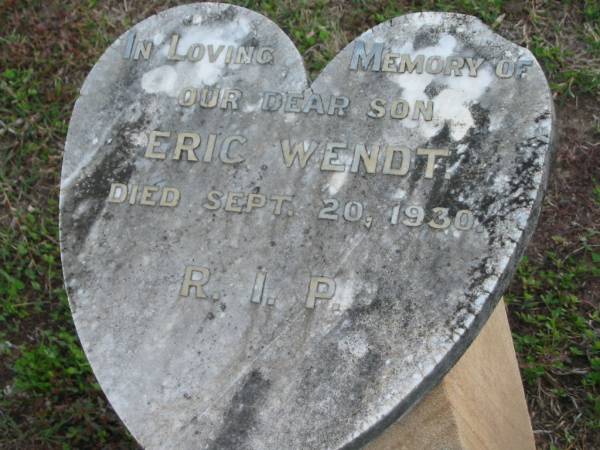 Eric WENDT, died 20 Sept 1930, son;  | Lowood Trinity Lutheran Cemetery (Bethel Section), Esk Shire  | 