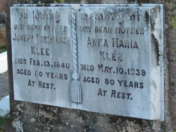 Joseph Frederich KLEE, died 13 Feb 1940 aged 80 years, father;  | Anna Maria KLEE, died 10 May 1939 aged 80 years, mother;  | Lowood Trinity Lutheran Cemetery (Bethel Section), Esk Shire  | 