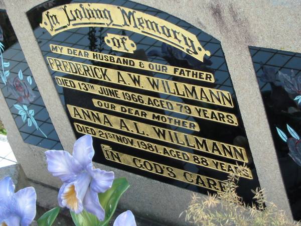 Frederick A.W. WILLMANN, died 13 June 1966 aged 79 years, husband father;  | Anna A.L. WILLMANN, died 21 Nov 1981 aged 88 years, mother;  | Lowood Trinity Lutheran Cemetery (Bethel Section), Esk Shire  | 