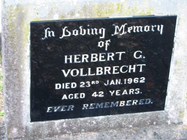 Herbert G. VOLLBRECHT, died 23 Jan 1962 aged 42 years;  | Lowood Trinity Lutheran Cemetery (Bethel Section), Esk Shire  | 