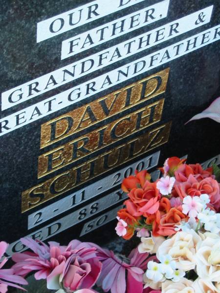 David Erich SCHULZ, died 2-11-2001 aged 88 years, father grandfather great-grandfather;  | Grace Louisa SCHULZ, died 22-7-1994 aged 78 years; mother grandmother great-grandmother;  | Lowood Trinity Lutheran Cemetery (Bethel Section), Esk Shire  | 
