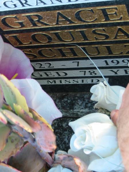 David Erich SCHULZ, died 2-11-2001 aged 88 years, father grandfather great-grandfather;  | Grace Louisa SCHULZ, died 22-7-1994 aged 78 years; mother grandmother great-grandmother;  | Lowood Trinity Lutheran Cemetery (Bethel Section), Esk Shire  | 