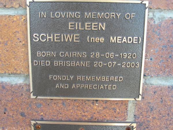 Eileen SCHEIWE (nee MEADE), born Cairms 28-06-1920 died Brisbane 20-07-2003;  | Lowood Trinity Lutheran Cemetery (Bethel Section), Esk Shire  | 