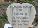 Adrian R. SCHROEDER, died in infancy 18 June 1954;
Lowood Trinity Lutheran Cemetery (St Marks Section), Esk Shire