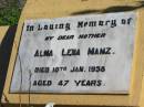 Alma Lena MANZ, died 10 Jan 1958 aged 47 years, mother;
Lowood Trinity Lutheran Cemetery (St Marks Section), Esk Shire