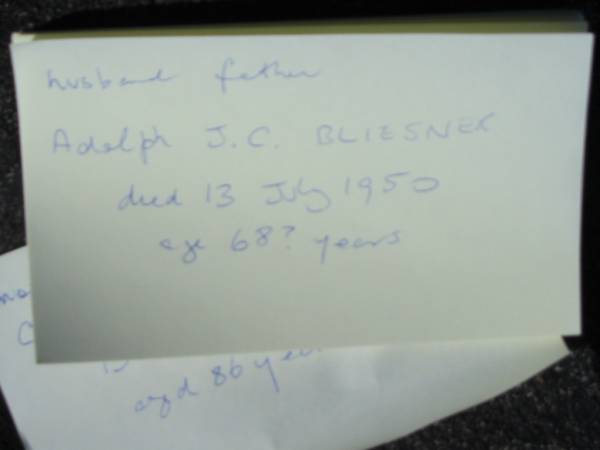 Adolph J.C. BLIESNER, died 13 July 1950 aged 68? years;  | Lowood Trinity Lutheran Cemetery (St Mark's Section), Esk Shire  | 