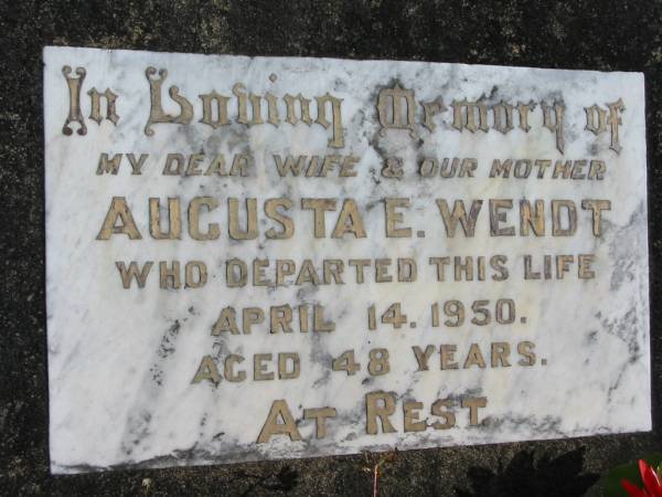 Augusta E. WENDT, died 14 April 1950 aged 48 years, wife mother;  | Lowood Trinity Lutheran Cemetery (St Mark's Section), Esk Shire  | 
