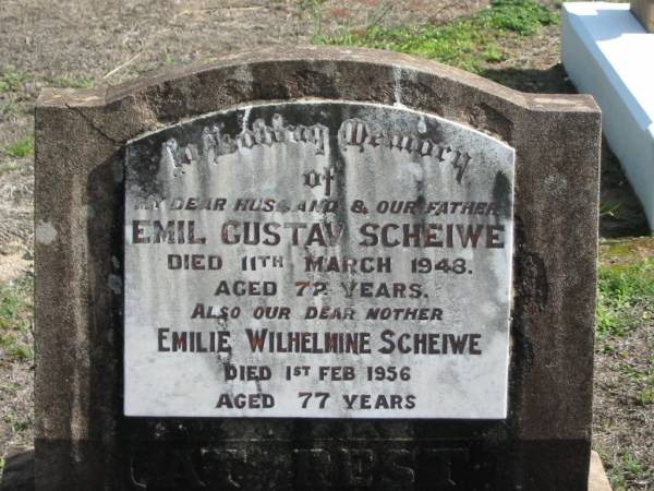 Emil Gustav SCHEIWE, died 11 March 1949 aged 72 years, husband father;  | Emilie Wilhelmine SCHEIWE, died 1 Feb 1956 aged 77 years, mother;  | Lowood Trinity Lutheran Cemetery (St Mark's Section), Esk Shire  | 
