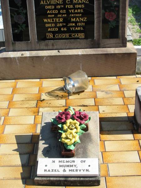 Alviene C. MANZ, died 19 Feb 1965 aged 62 years, wife mother;  | Walter MANZ, died 28 Jan 1971 aged 66 years, father;  | in memory of Mummy, Hazel & Mervyn;  | Lowood Trinity Lutheran Cemetery (St Mark's Section), Esk Shire  | 