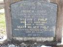 
Andrew PHILP,
died 4 Sept 1923? aged 80? years;
William E. PHILP,
died 11 Sept 1922 aged 5 years;
Mary Milner PHILP,
born 27 May 1893 died 14 Oct 1973 aged 80 years;
Ma Ma Creek Anglican Cemetery, Gatton shire
