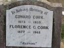 
Edward CORK, 1873 - 1935;
Florence G. CORK, 1877 - 1962;
Ma Ma Creek Anglican Cemetery, Gatton shire
