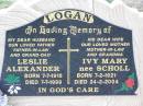 
Leslie Alexander LOGAN,
husband father father-in-law grand-dad,
born 7-7-1916 died 7-7-1999;
Ivy Mary LOGAN (nee SCHOLL),
wife mother mother-in-law grandma,
born 7-2-1921 died 24-2-2004;
Ma Ma Creek Anglican Cemetery, Gatton shire
