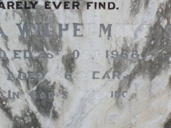 Henry SCHOLL, father,  | accidentally killed 2 Nov 1921 aged 49 years;  | Eva Clara Wilhelmine SCHOLL,  | died 28 Oct 1968 aged 86 years;  | Ma Ma Creek Anglican Cemetery, Gatton shire  | 