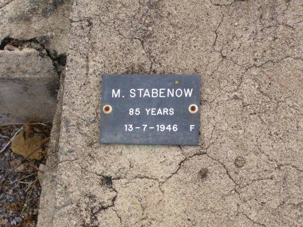 A. STABENOW, male,  | died 19-10-1924 aged 64 years;  | M. STABENOW, female,  | died 13-7-1946 aged 85 years;  | Ma Ma Creek Anglican Cemetery, Gatton shire  | 