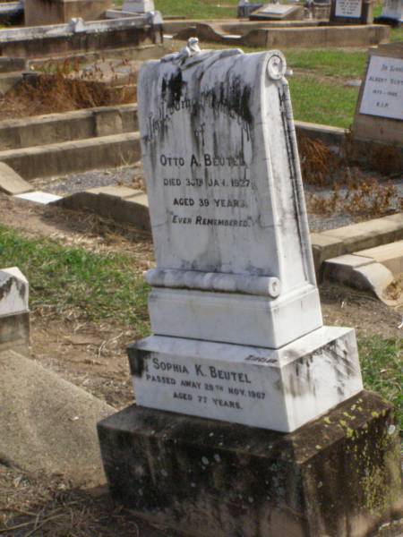 Otto A. BEUTEL,  | died 30 Jan 1927 aged 39 years;  | Sophia K. BEUTEL,  | died 20 Nov 1967 aged 77 years;  | Ma Ma Creek Anglican Cemetery, Gatton shire  | 