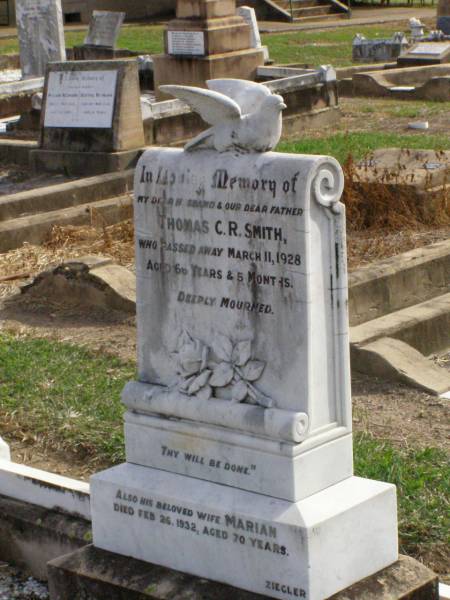Thomas C.R. SMITH, husband father,  | died 11 March 1928 aged 66 years 5 months;  | Marian, wife,  | died 26 Feb 1932 aged 70 years;  | Ma Ma Creek Anglican Cemetery, Gatton shire  | 