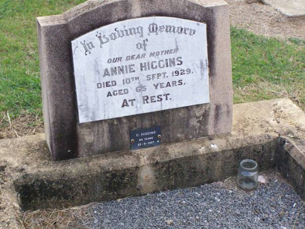 Annie HIGGINS, mother,  | died 10 Sept 1929 aged 65 years;  | C. HIGGINS, male,  | died 22-8-1927 aged 84 years;  | Ma Ma Creek Anglican Cemetery, Gatton shire  | 