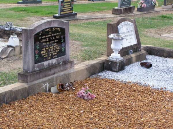 George W.C. PYE, husband father,  | died 5 April 1970 aged 75 years;  | Mabel Helen PYE, mother,  | died 10 Dec 1978 aged 78 years;  | Ma Ma Creek Anglican Cemetery, Gatton shire  | 
