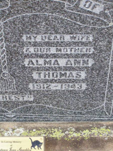 Robert Joseph THOMAS, husband father,  | 1909 - 1973;  | Alma Ann THOMAS, wife mother,  | 1912 - 1943;  | Constance Joan SPEECHLEY,  | wife of John,  | mother of Peter, Jennifer, Theresa, Amanda,  | & Anthony,  | daughter of Robert Joseph and Alma Ann THOMAS,  | born 23 Oct 1931 - died 26 May 2001;  | Ma Ma Creek Anglican Cemetery, Gatton shire  | 
