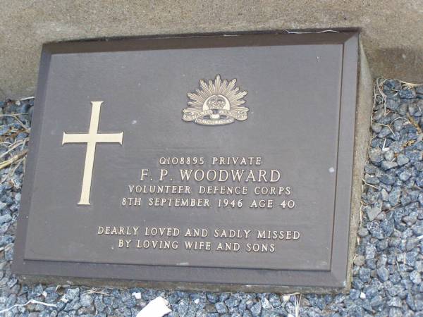 Francis Peter WOODWARD, husband father,  | died 8 Sept 1946 aged 39 years;  | F.P. WOODWARD,  | died 8 Sept 1946 aged 40 years,  | missed by wife & sons;  | Ma Ma Creek Anglican Cemetery, Gatton shire  | 