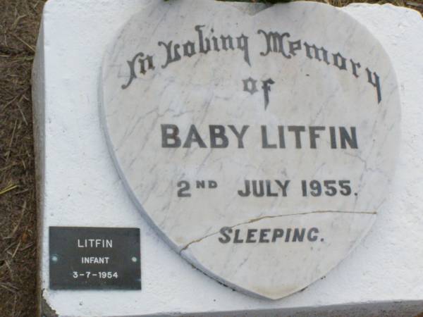 Baby LITFIN,  | died 2 July 1955;  | infant LITFIN,  | died 3-7-1954;  | Ma Ma Creek Anglican Cemetery, Gatton shire  | 