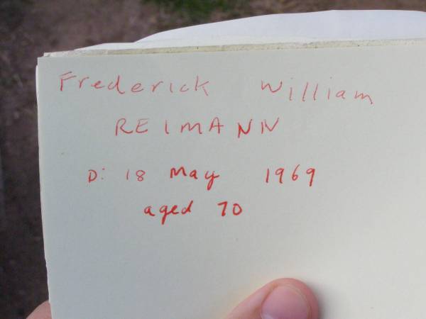 Frederick William REIMANN, father,  | died 18 May 1969 aged 70 years;  | Martha Matilda REIMANN, wife mother,  | died 6 Dec 1949 aged 52 years;  | Ma Ma Creek Anglican Cemetery, Gatton shire  | 
